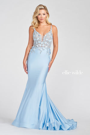 Ellie Wilde Powder Blue EW122041 Prom Dress Image.  Powder Blue formal dress.
