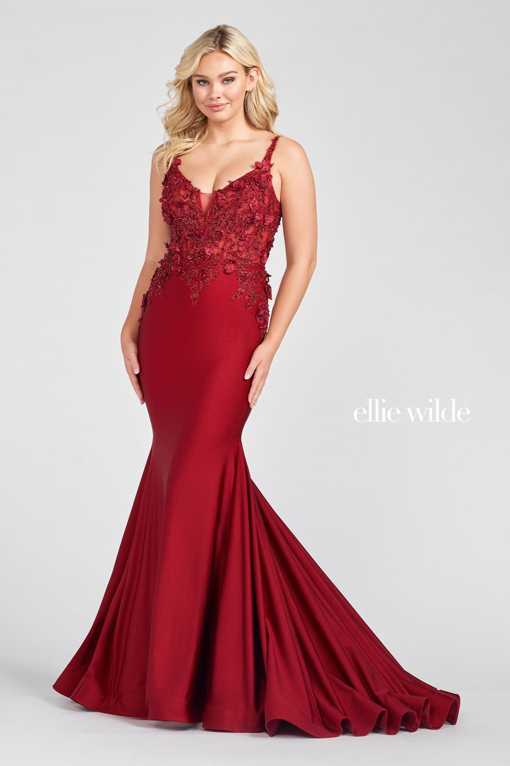 Ellie Wilde Wine EW122041 Prom Dress Image.  Wine formal dress.