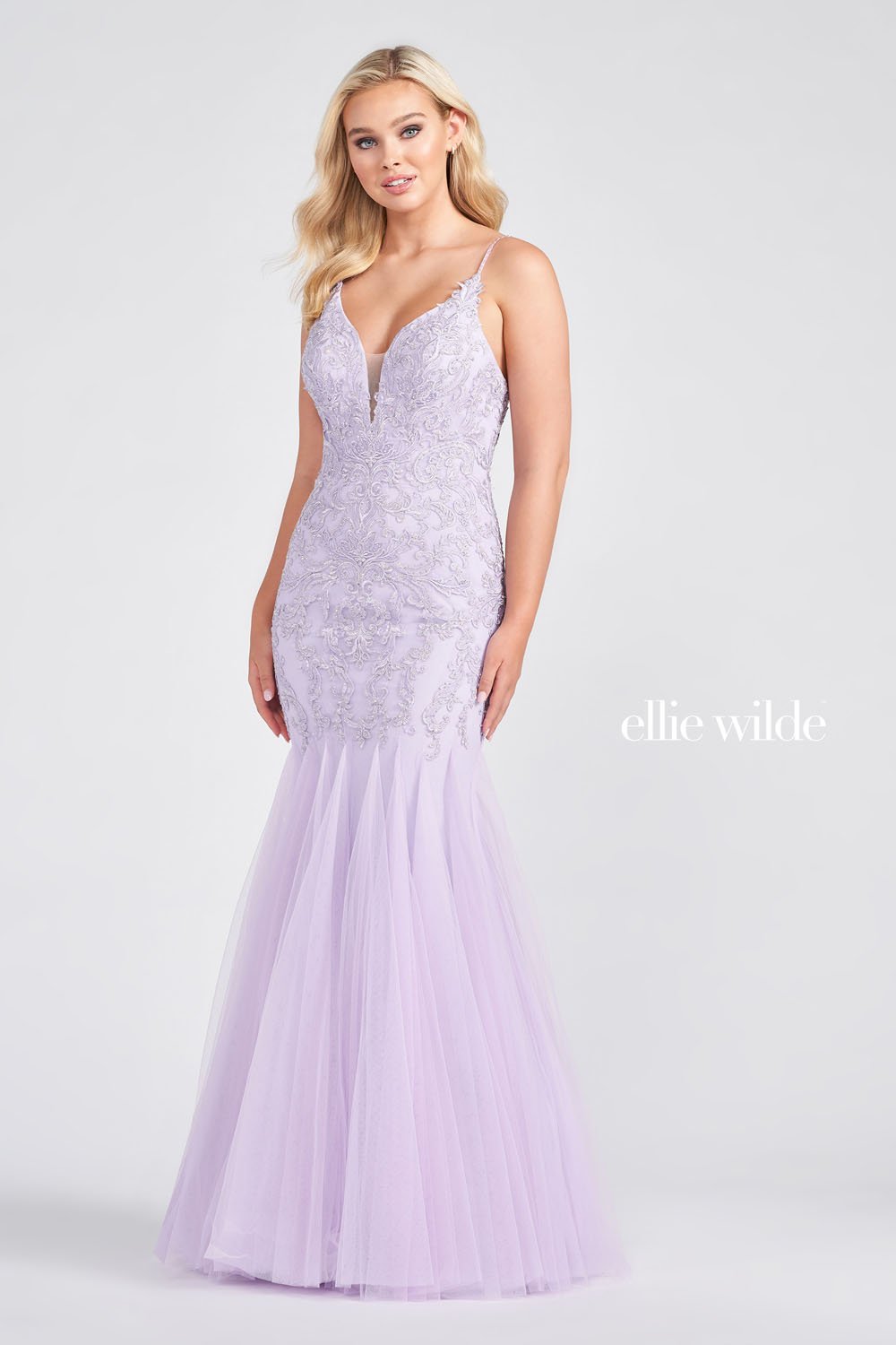 Ellie Wilde Lilac EW122042 Prom Dress Image.  Lilac formal dress.