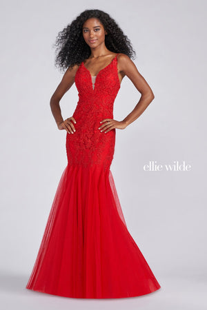 Ellie Wilde Red EW122042 Prom Dress Image.  Red formal dress.