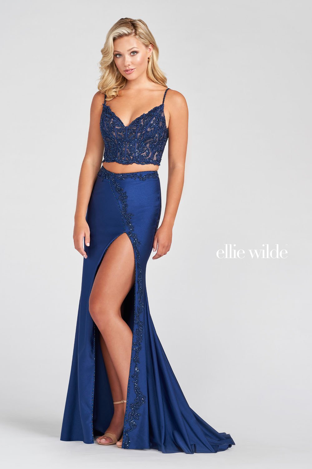 Ellie Wilde Navy Blue EW122043 Prom Dress Image.  Navy Blue formal dress.