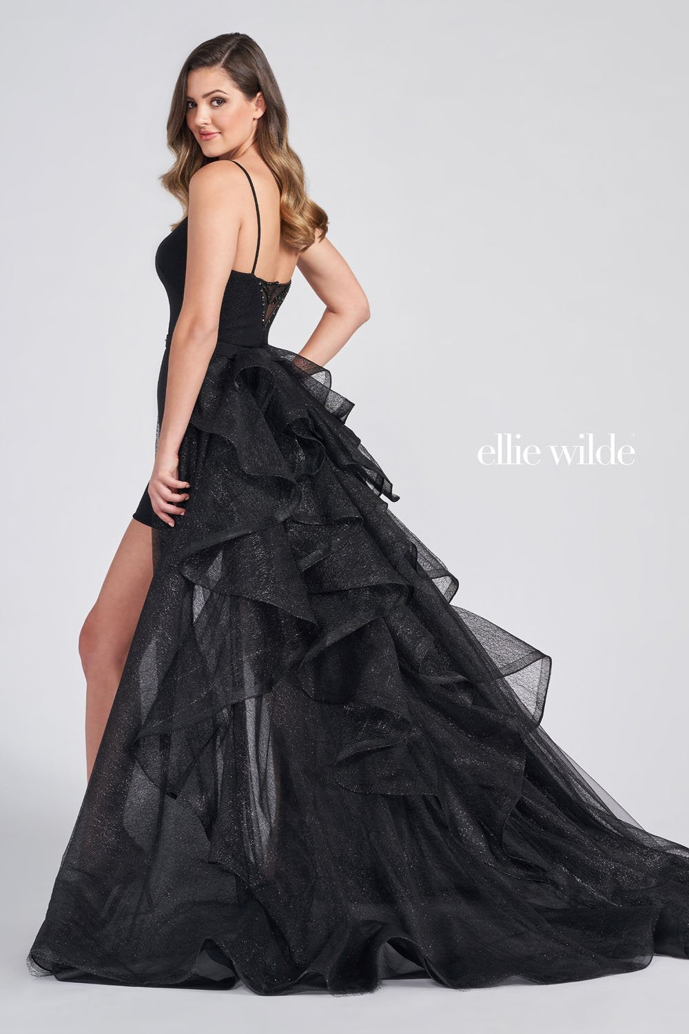 Ellie Wilde Black EW122047 Prom Dress Image.  Black formal dress.