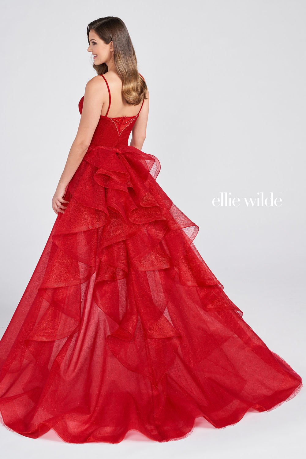 Ellie Wilde Red EW122047 Prom Dress Image.  Red formal dress.