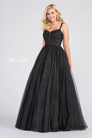 Ellie Wilde Black EW122049 Prom Dress Image.  Black formal dress.