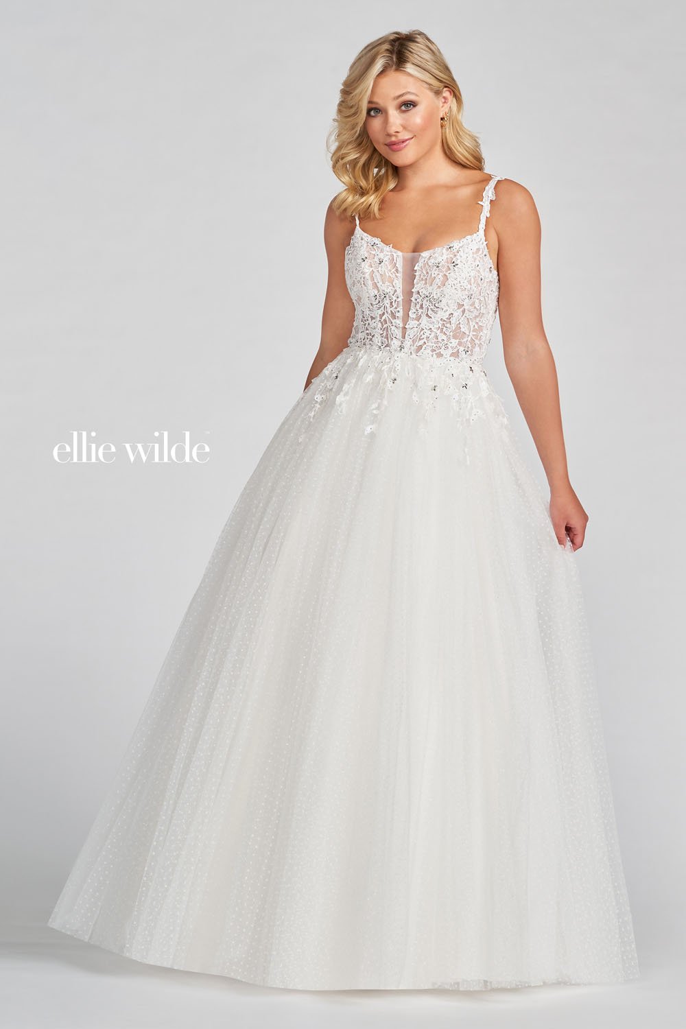 Ellie Wilde Pearl White EW122049 Prom Dress Image.  Pearl White formal dress.
