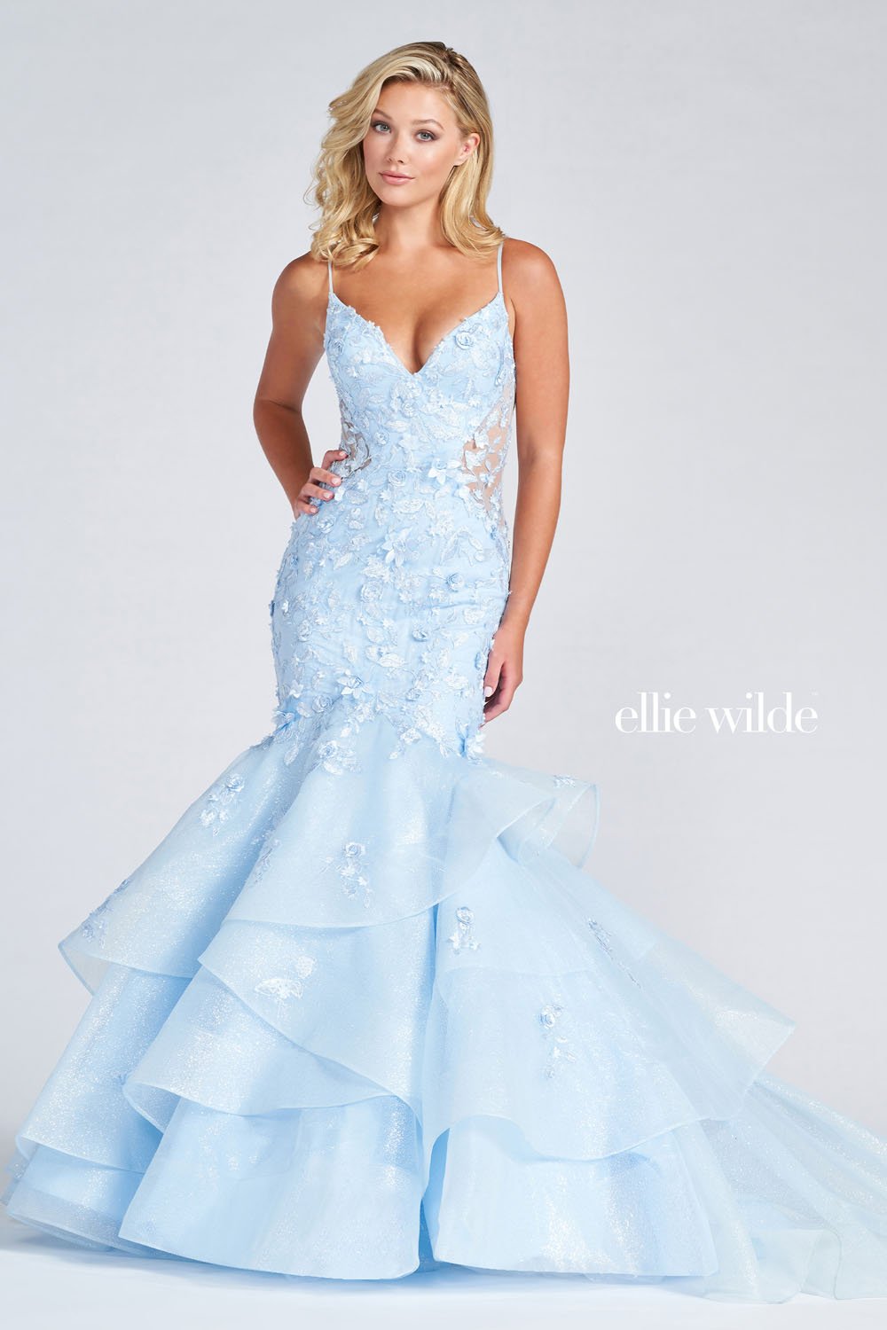 Ellie Wilde Light Blue EW122055 Prom Dress Image.  Light Blue formal dress.
