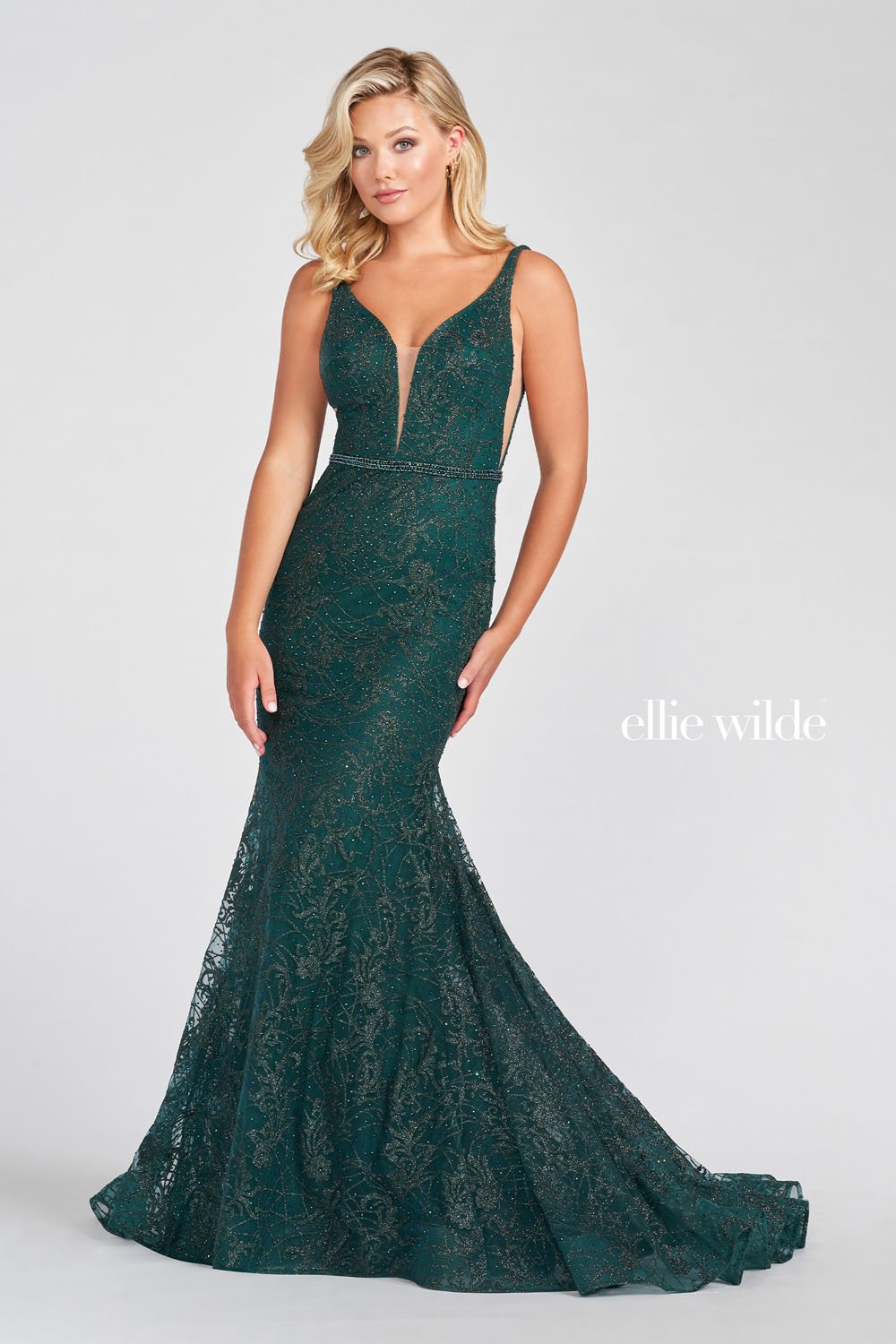 Ellie Wilde Emerald EW122056 Prom Dress Image.  Emerald formal dress.