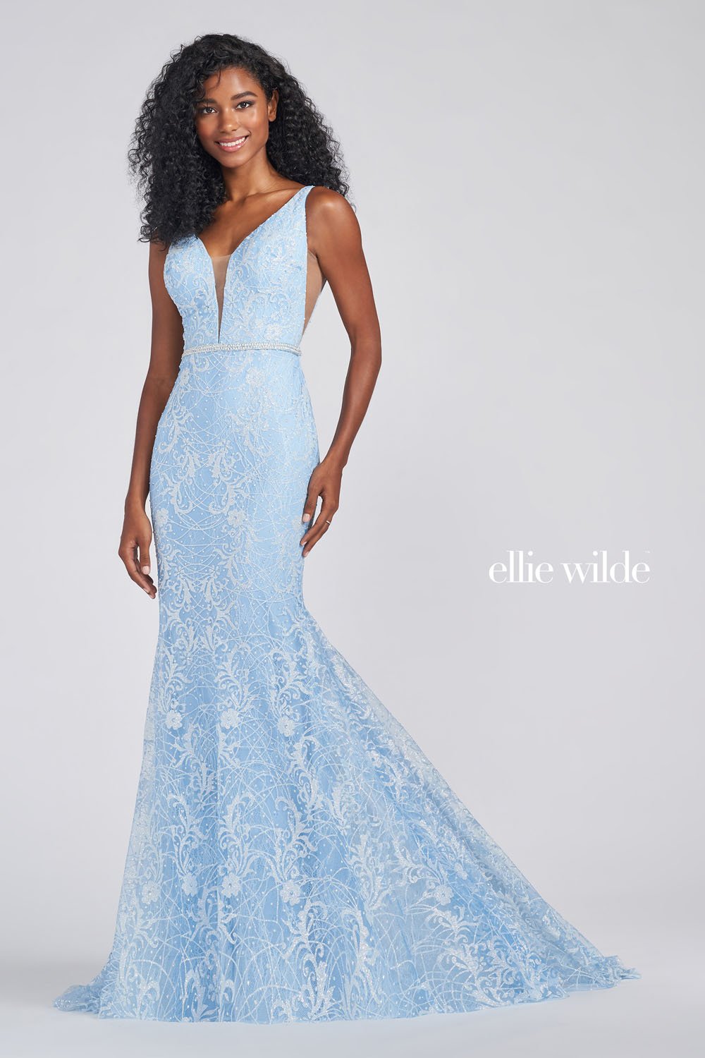 Ellie Wilde Sky Blue EW122056 Prom Dress Image.  Sky Blue formal dress.