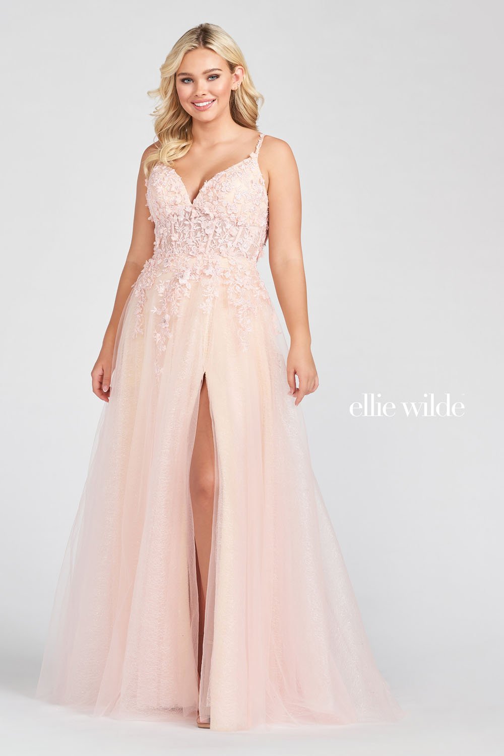 Ellie Wilde Blush Champagne EW122057 Prom Dress Image.  Blush Champagne formal dress.