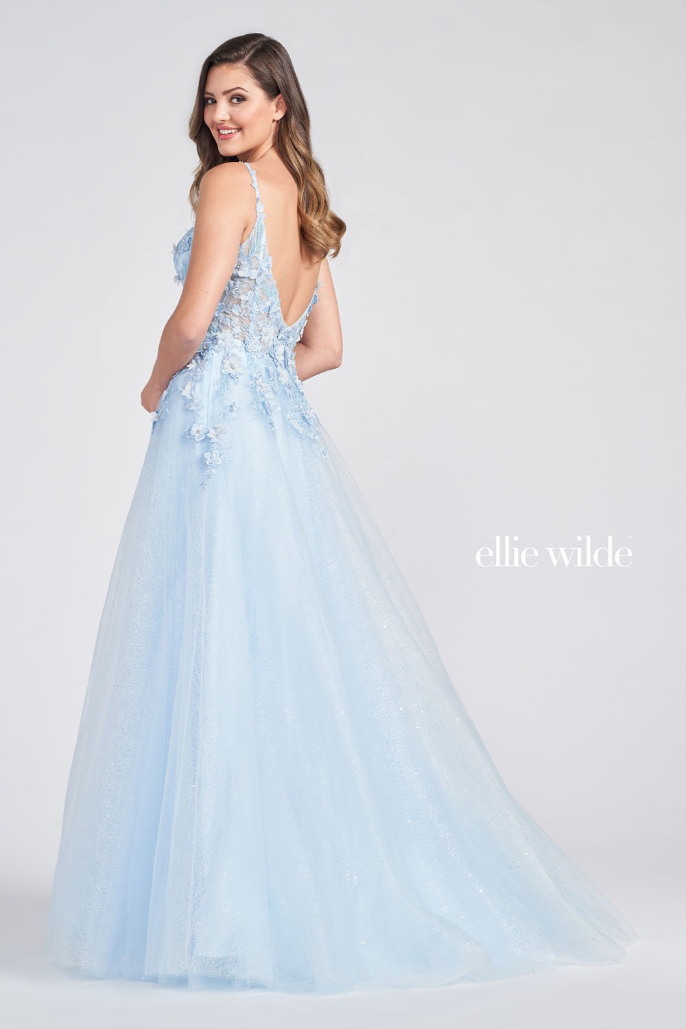 Ellie Wilde Light Blue EW122057 Prom Dress Image.  Light Blue formal dress.