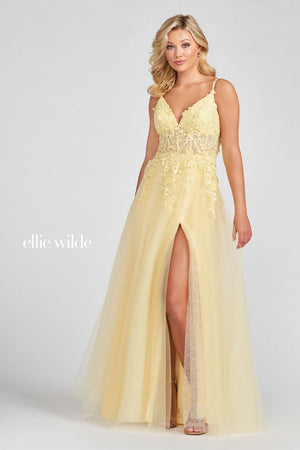 Ellie Wilde Light Yellow EW122057 Prom Dress Image.  Light Yellow formal dress.