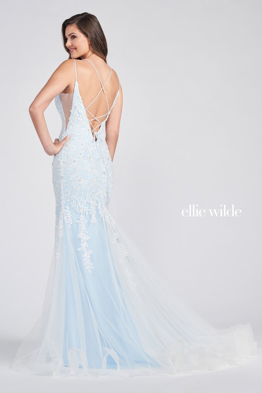 Ellie Wilde Ivory Light Blue EW122058 Prom Dress Image.  Ivory Light Blue formal dress.