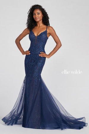 Ellie Wilde Navy Blue EW122058 Prom Dress Image.  Navy Blue formal dress.