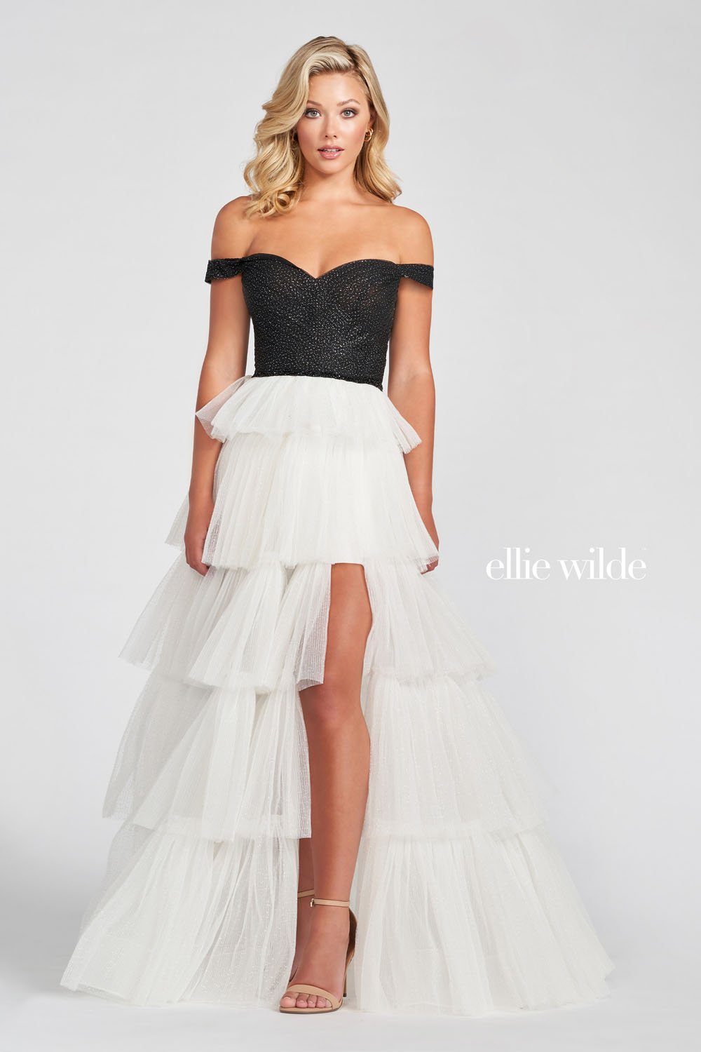 Ellie Wilde Black White EW122060 Prom Dress Image.  Black White formal dress.