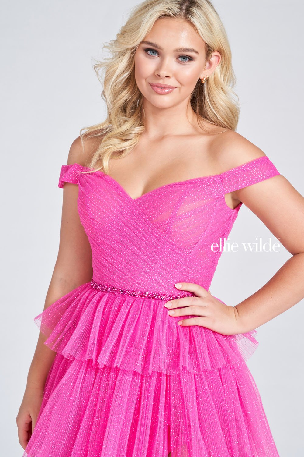 Ellie Wilde Hot Pink EW122060 Prom Dress Image.  Hot Pink formal dress.