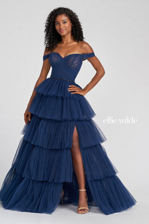 Ellie Wilde Navy Blue EW122060 Prom Dress Image.  Navy Blue formal dress.