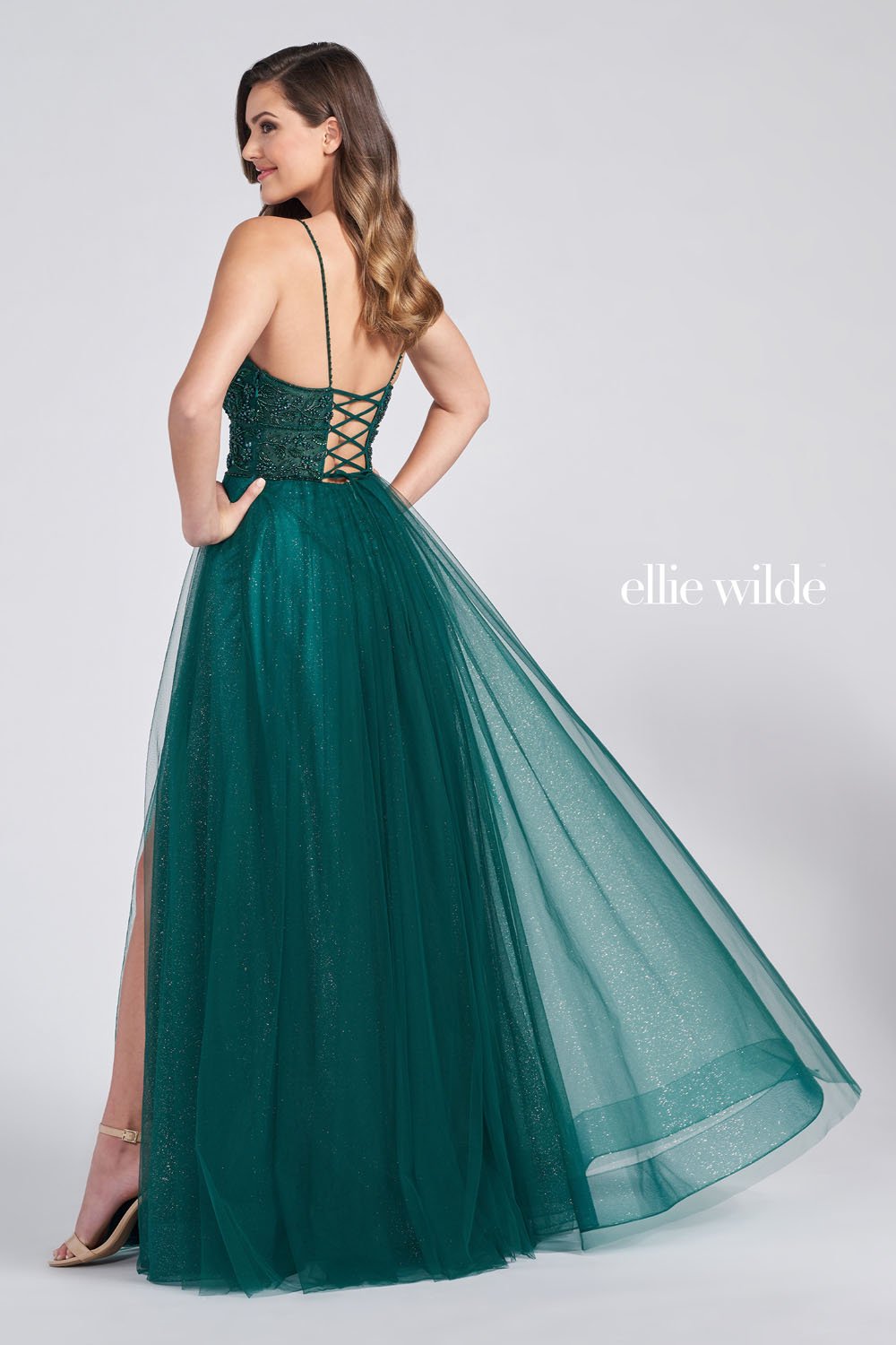 Ellie Wilde Emerald EW122066 Prom Dress Image.  Emerald formal dress.