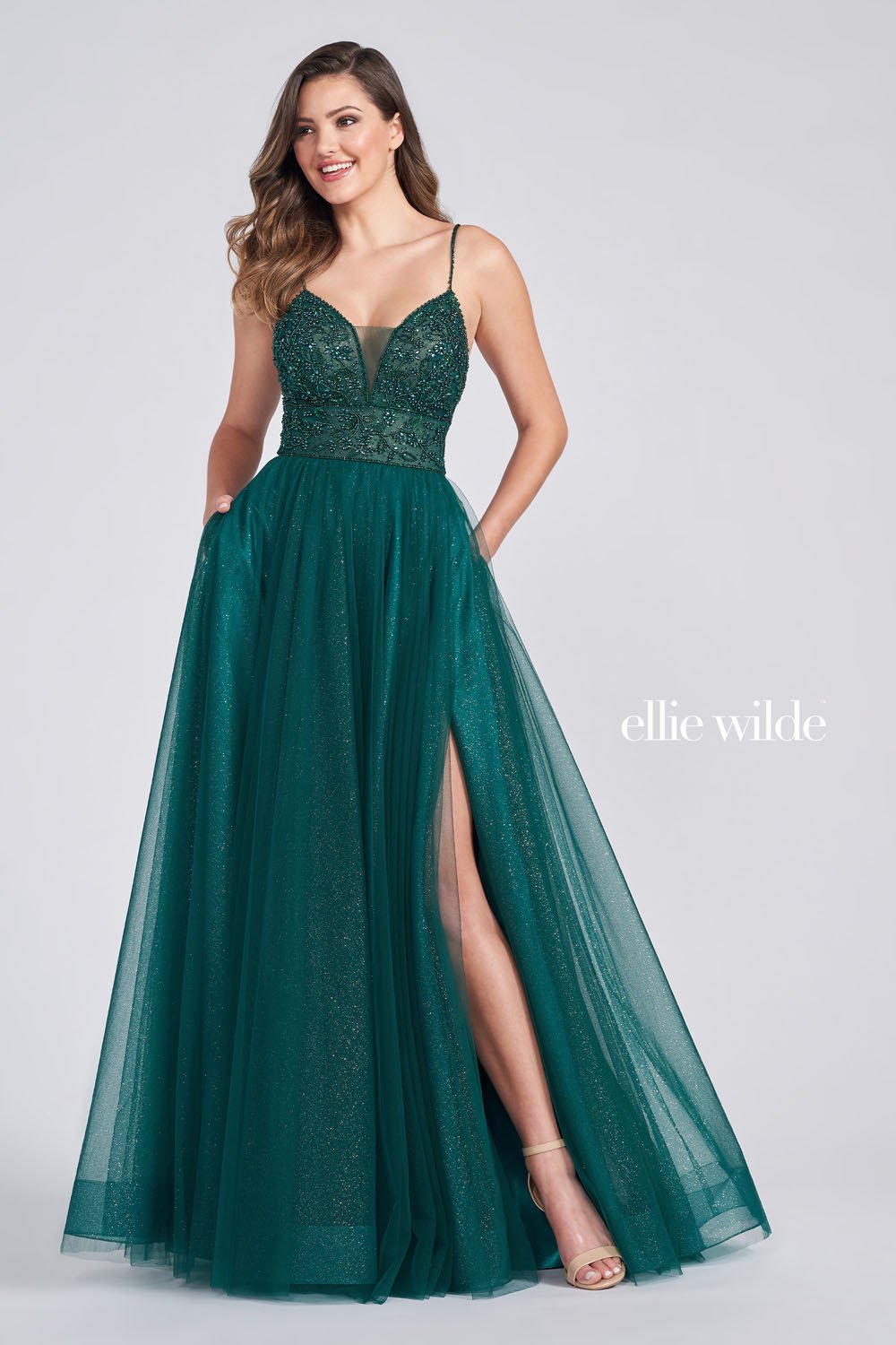 Ellie Wilde Emerald EW122066 Prom Dress Image.  Emerald formal dress.