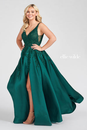 Ellie Wilde Emerald EW122074 Prom Dress Image.  Emerald formal dress.