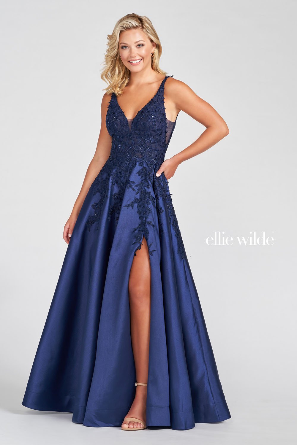 Ellie Wilde Navy Blue EW122074 Prom Dress Image.  Navy Blue formal dress.