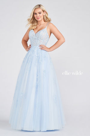 Ellie Wilde Light Blue EW122076 Prom Dress Image.  Light Blue formal dress.