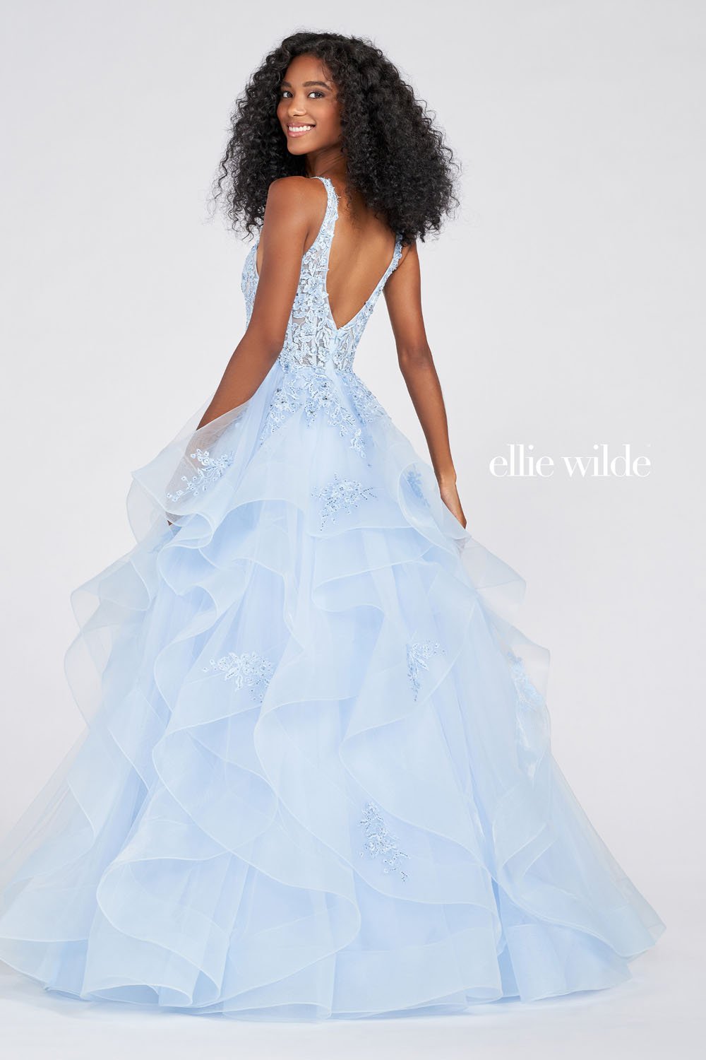Ellie Wilde Light Blue EW122080 Prom Dress Image.  Light Blue formal dress.
