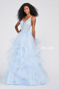 Ellie Wilde Light Blue EW122080 Prom Dress Image.  Light Blue formal dress.