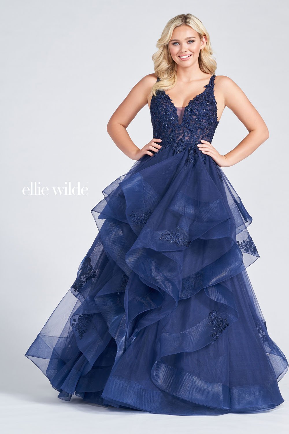 Ellie Wilde Navy Blue EW122080 Prom Dress Image.  Navy Blue formal dress.