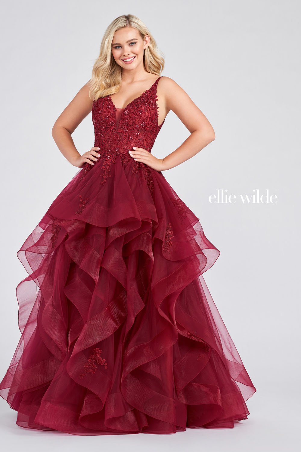 Ellie Wilde Wine EW122080 Prom Dress Image.  Wine formal dress.