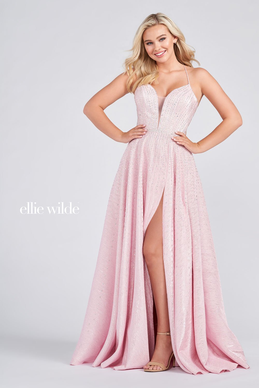 Ellie Wilde Pink EW122082 Prom Dress Image.  Pink formal dress.