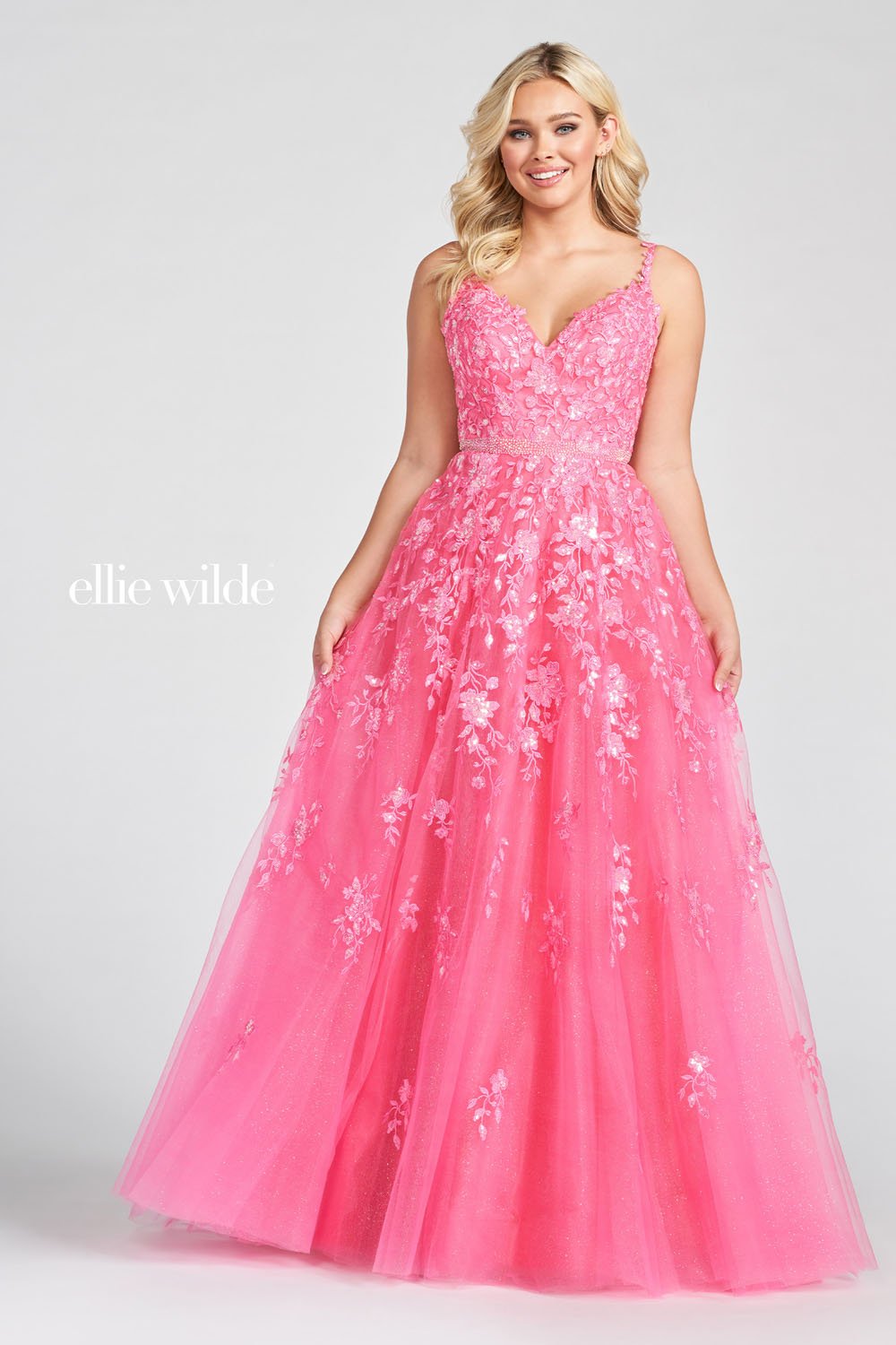 Ellie Wilde Hot Pink EW122084 Prom Dress Image.  Hot Pink formal dress.