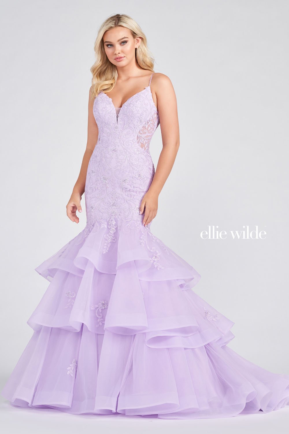 Ellie Wilde Lilac EW122085 Prom Dress Image.  Lilac formal dress.