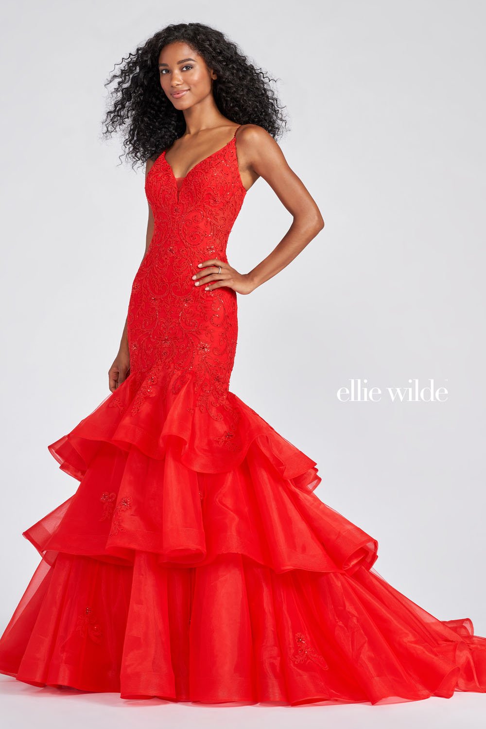 Ellie Wilde Red EW122085 Prom Dress Image.  Red formal dress.
