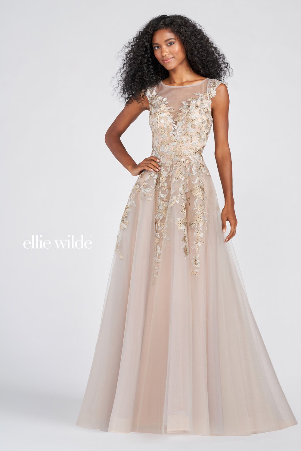 Ellie Wilde Silver Gold EW122096 Prom Dress Image.  Silver Gold formal dress.