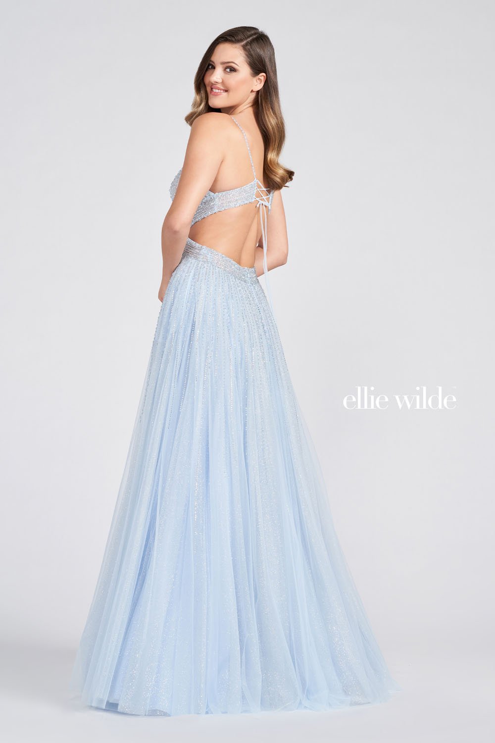 Ellie Wilde Light Blue EW122099 Prom Dress Image.  Light Blue formal dress.