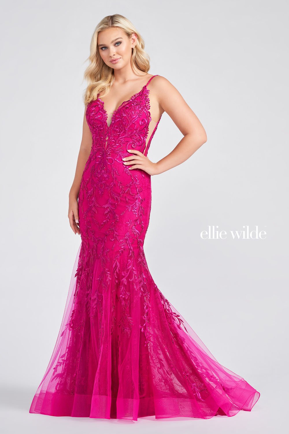 Ellie Wilde Fuchsia EW122101 Prom Dress Image.  Fuchsia formal dress.