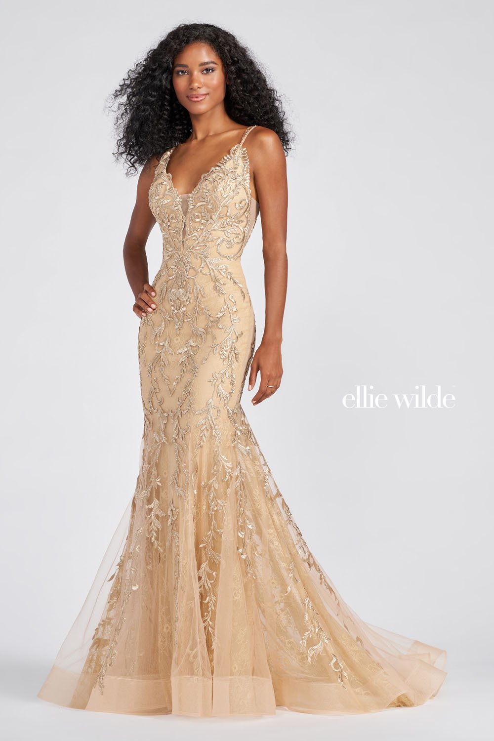 Ellie Wilde Gold EW122101 Prom Dress Image.  Gold formal dress.