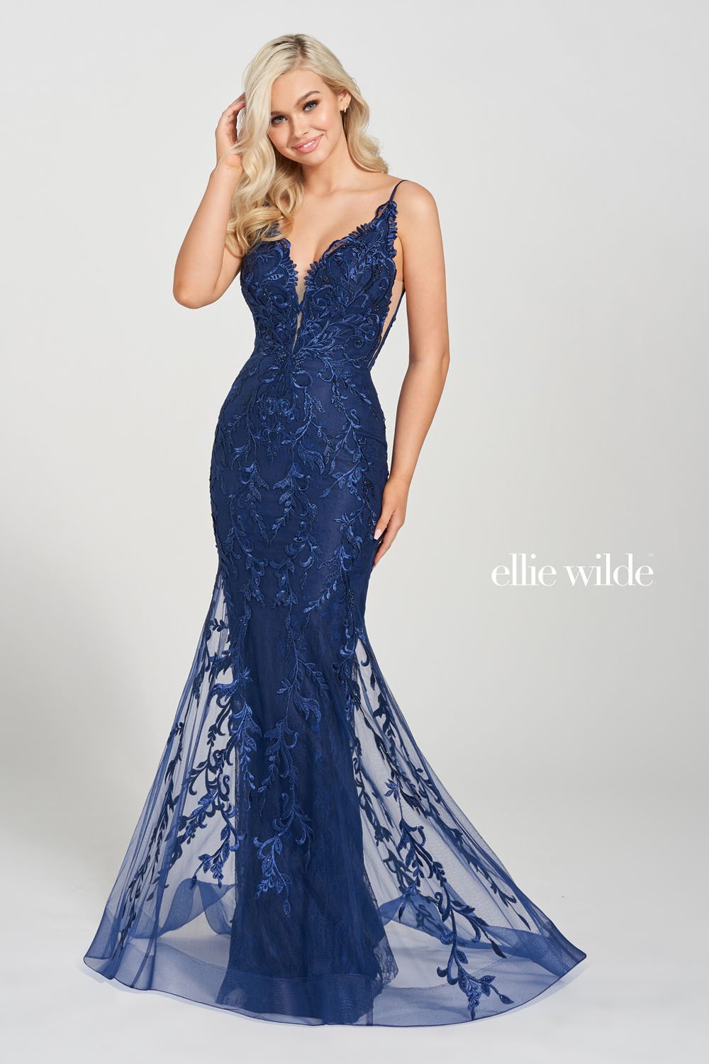 Ellie Wilde Navy Blue EW122101 Prom Dress Image.  Navy Blue formal dress.