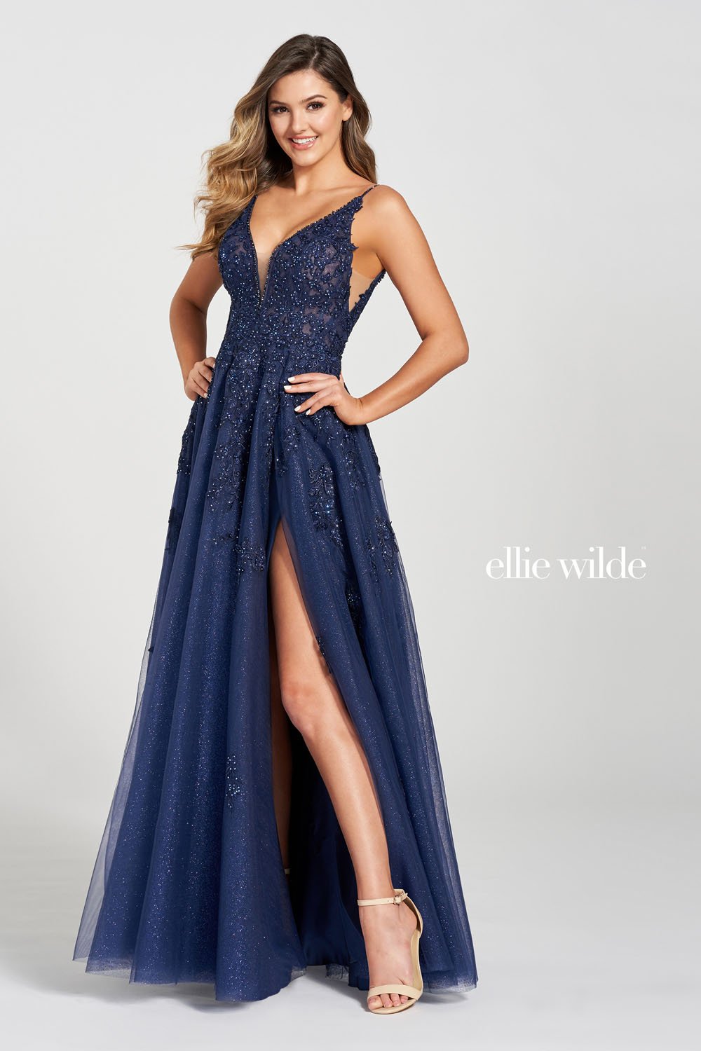 Ellie Wilde Navy Blue EW122102 Prom Dress Image.  Navy Blue formal dress.
