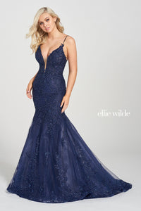 Ellie Wilde Navy Blue EW122103 Prom Dress Image.  Navy Blue formal dress.