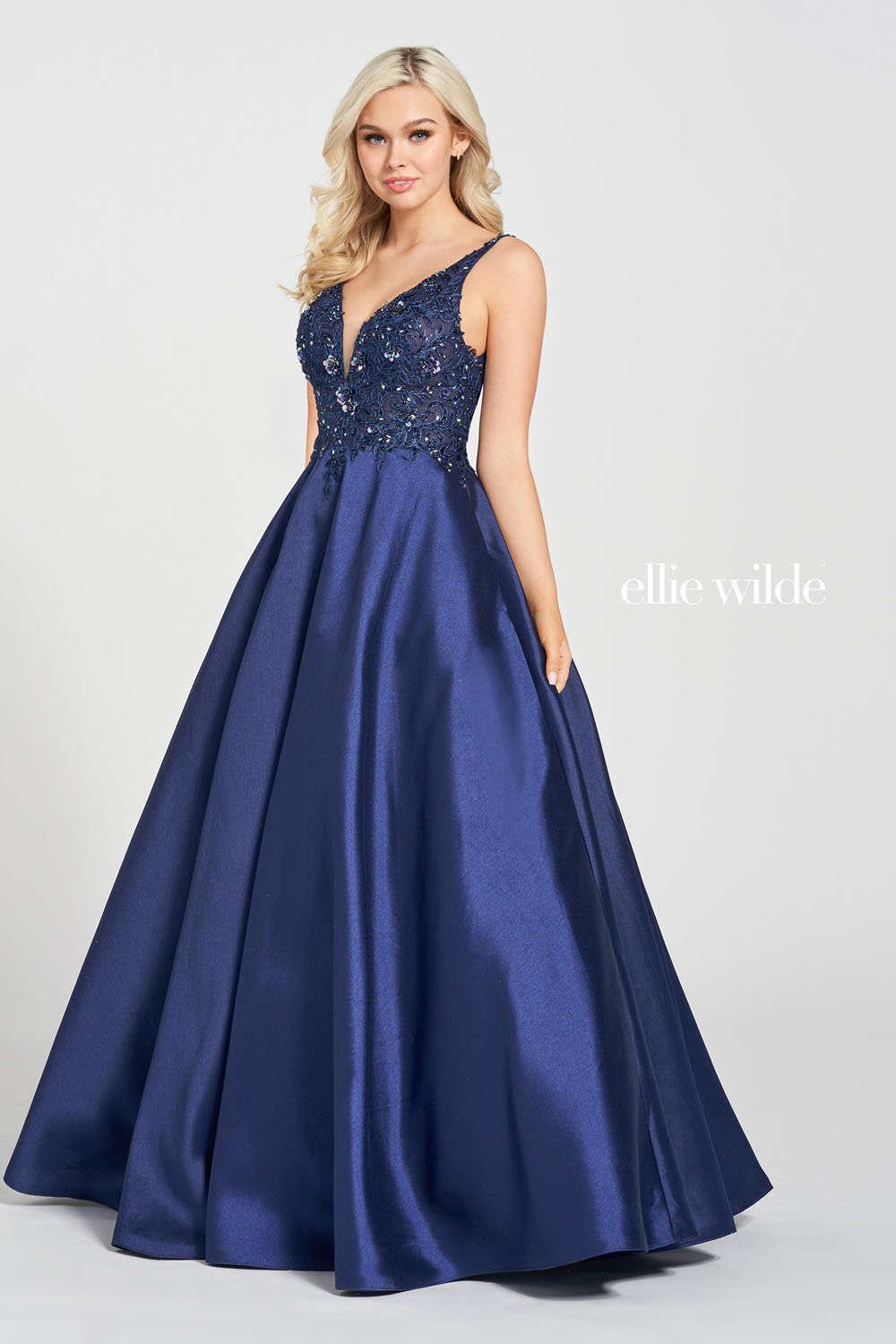 Ellie Wilde Navy Blue EW122104 Prom Dress Image.  Navy Blue formal dress.