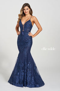 Ellie Wilde Navy Blue EW122105 Prom Dress Image.  Navy Blue formal dress.
