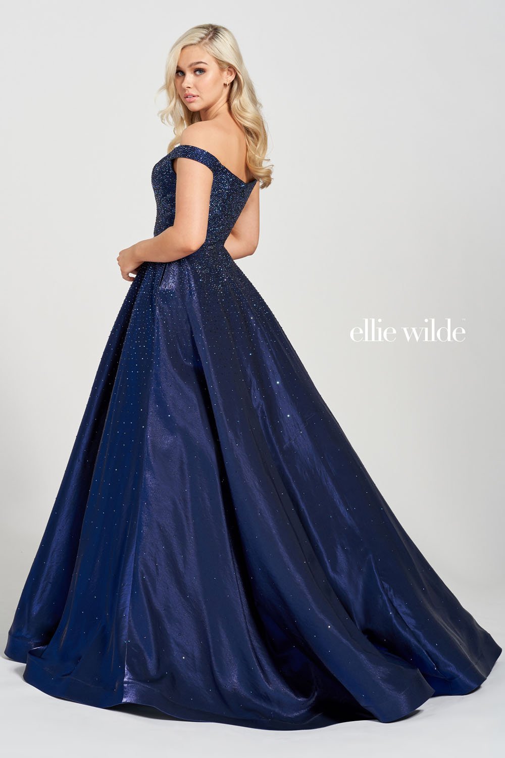 Ellie Wilde Navy Blue EW122106 Prom Dress Image.  Navy Blue formal dress.