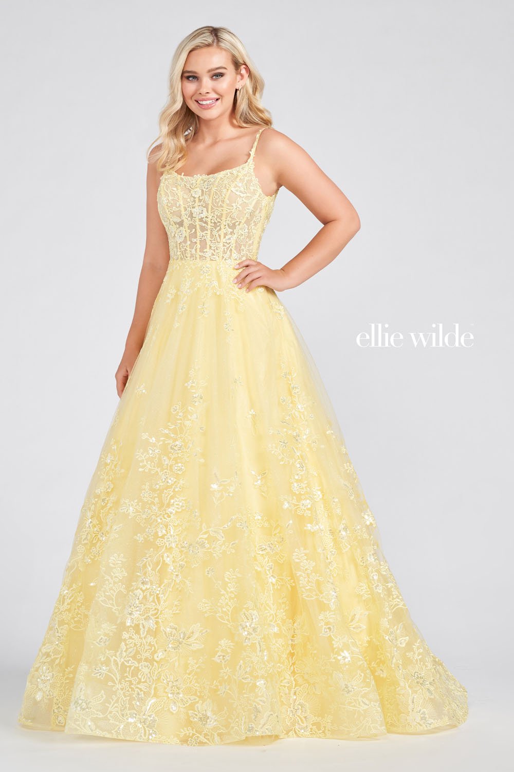 Ellie Wilde Light Yellow EW122109 Prom Dress Image.  Light Yellow formal dress.