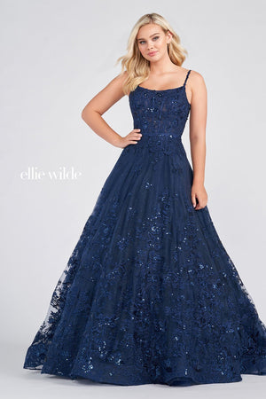 Ellie Wilde Navy Blue EW122109 Prom Dress Image.  Navy Blue formal dress.