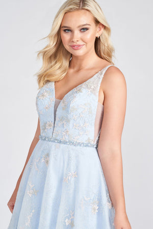 Ellie Wilde Light Blue Multi EW122114 Prom Dress Image.  Light Blue Multi formal dress.