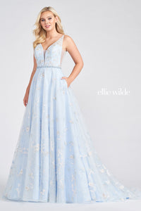 Ellie Wilde Light Blue Multi EW122114 Prom Dress Image.  Light Blue Multi formal dress.