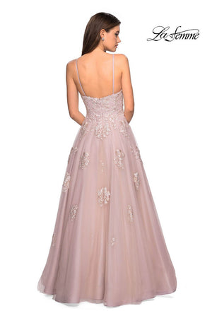 Gigi by La Femme 27320 dress images in these colors: Blush, Cloud Blue, Ivory Nude.