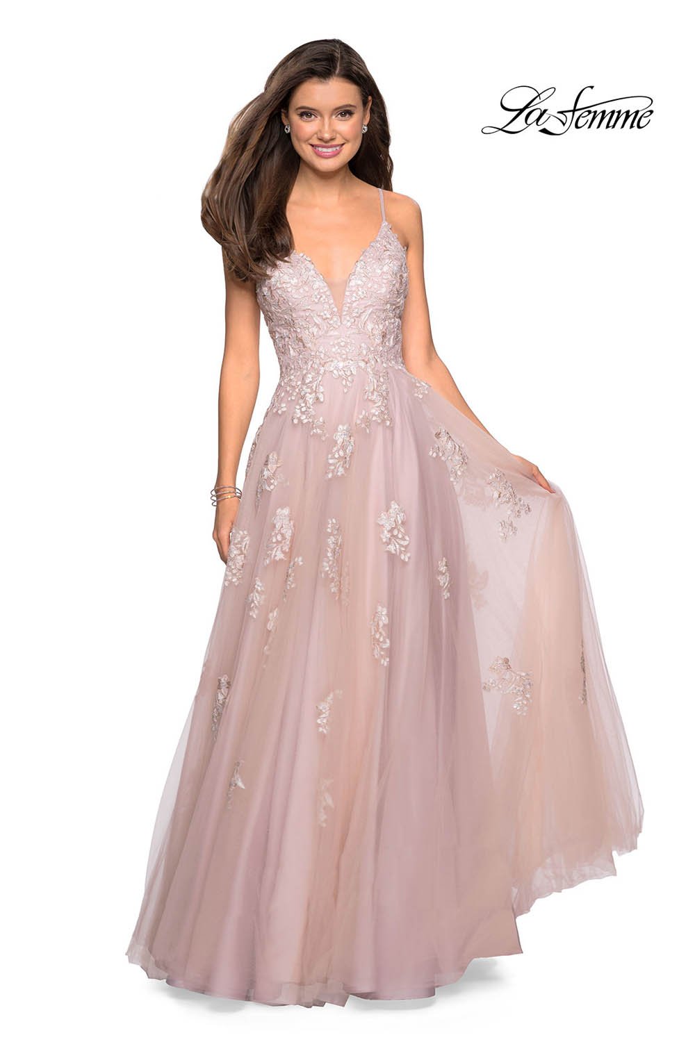 Gigi by La Femme 27320 dress images in these colors: Blush, Cloud Blue, Ivory Nude.