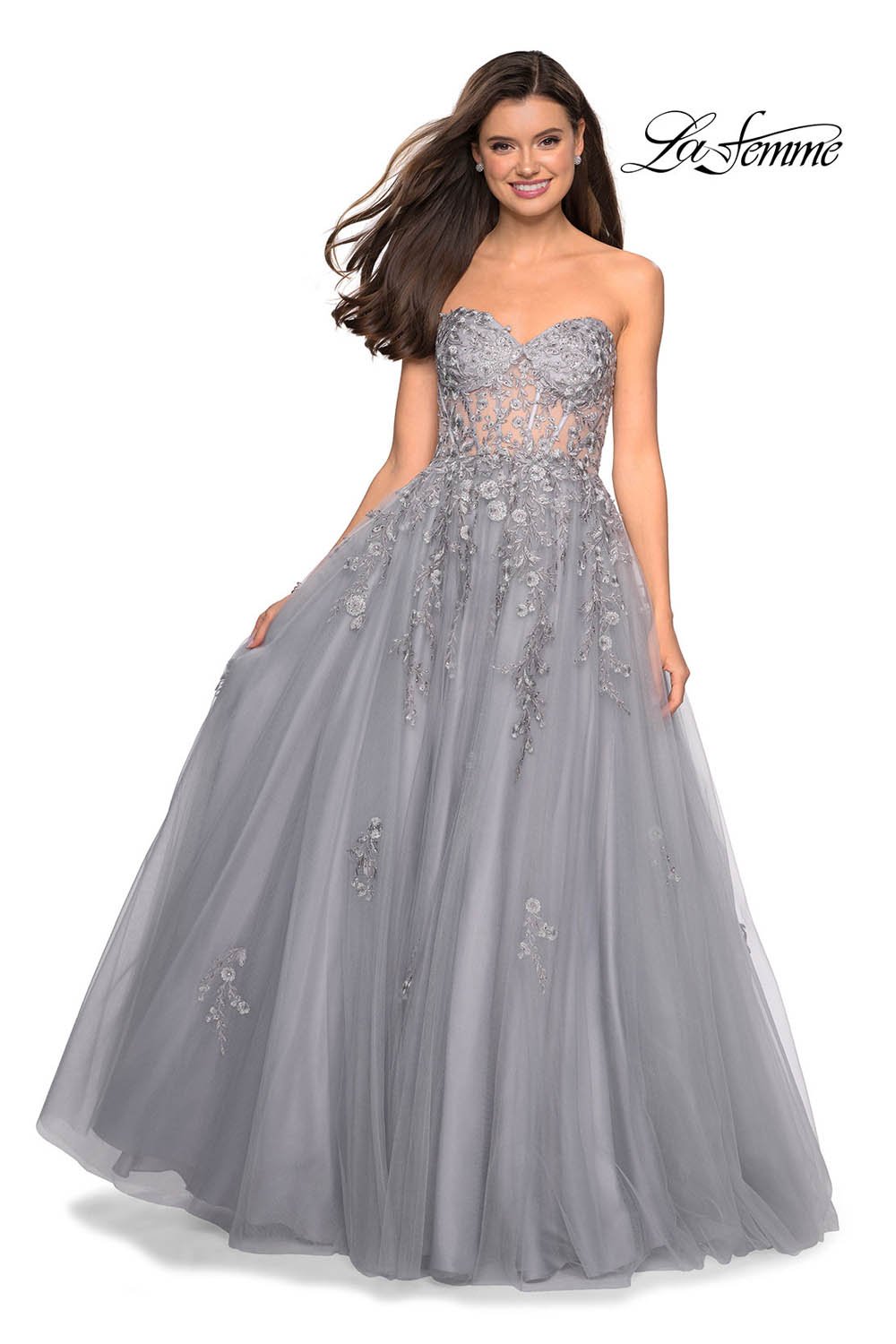 Gigi by La Femme 27592 dress images in these colors: Champagne, Silver.